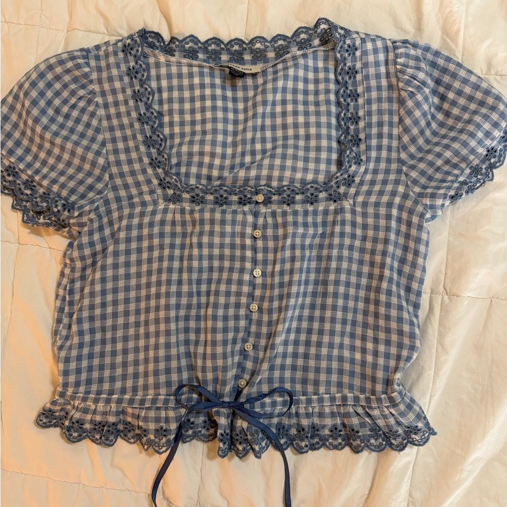 American Eagle Outfitters Blue Gingham Lace-Trim Button Crop Top